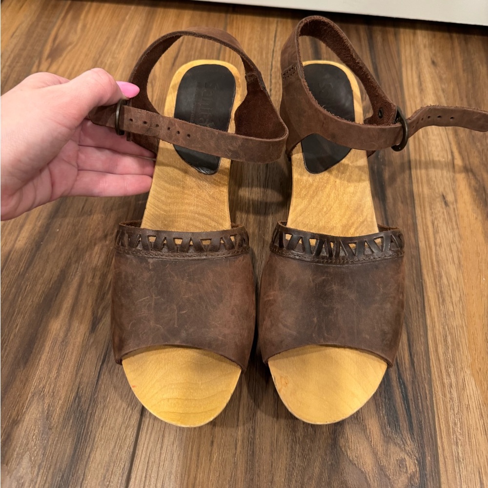 Sanita Brown Leather Open-Toe Ankle Strap Wedge Sandals